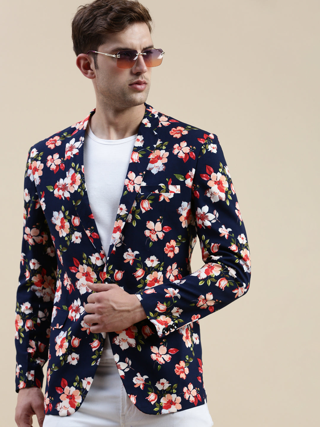 Men Navy Printed Casual Blazer