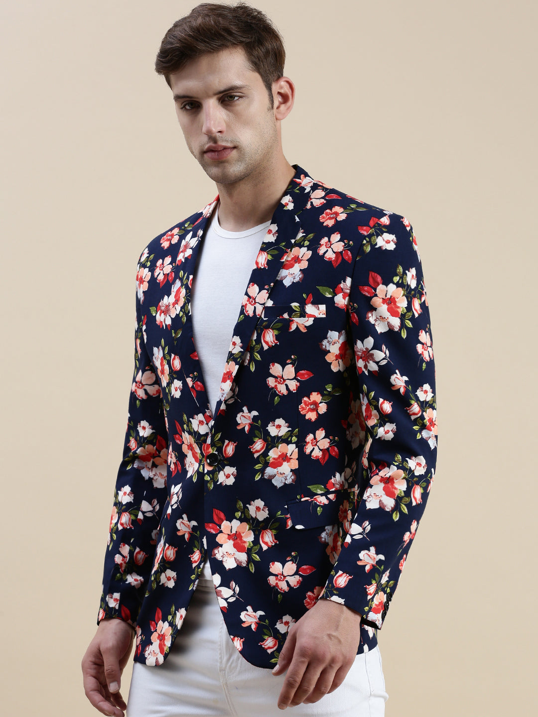 Men Navy Printed Casual Blazer