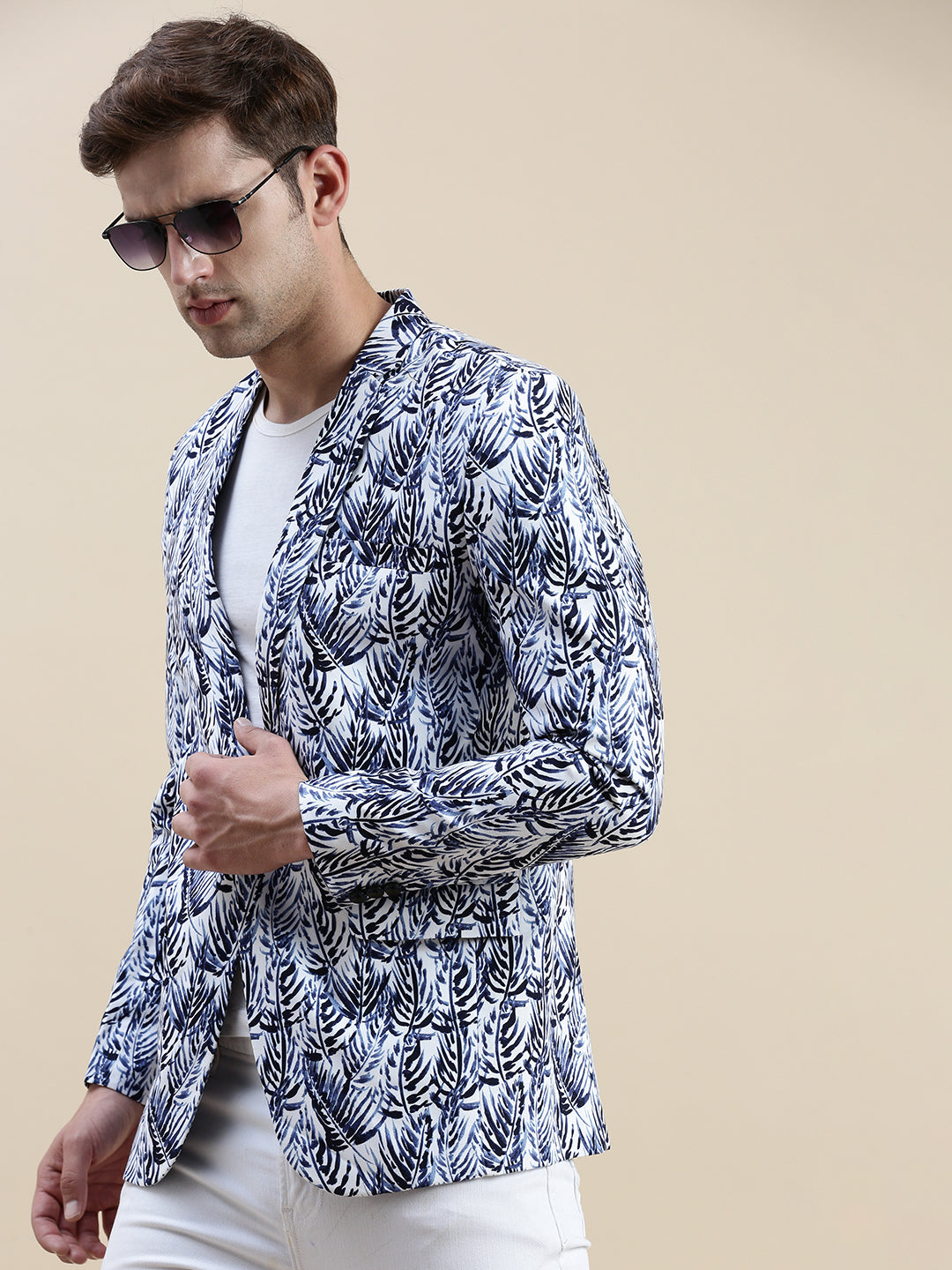 Men Blue Printed Notched Lapel Blazer