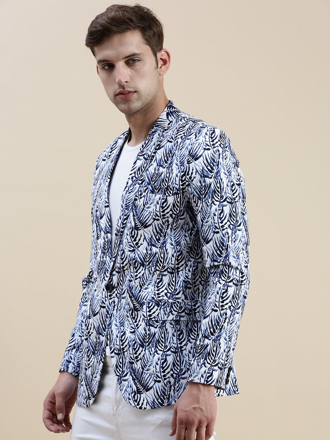 Men Blue Printed Notched Lapel Blazer