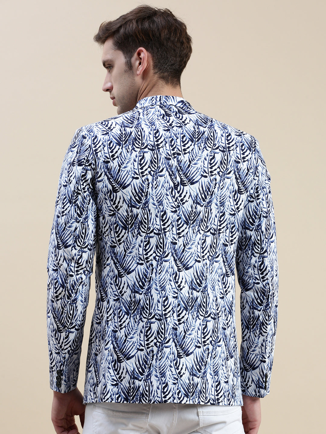 Men Blue Printed Notched Lapel Blazer