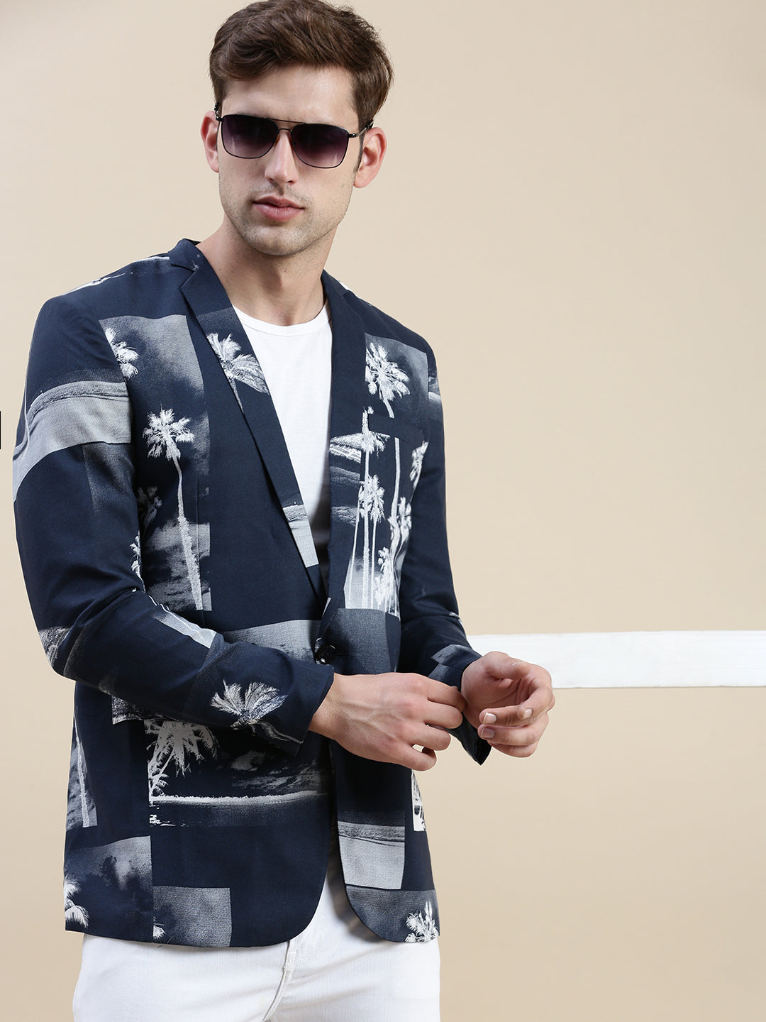 Men Navy Printed Casual Blazer