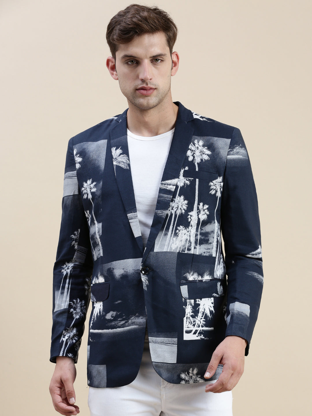 Men Navy Printed Casual Blazer