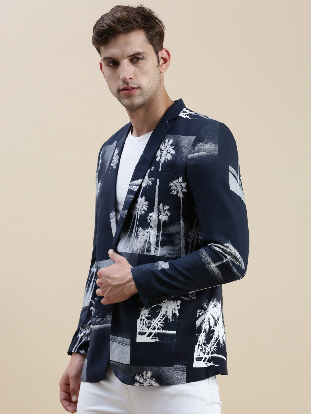 Men Navy Printed Casual Blazer