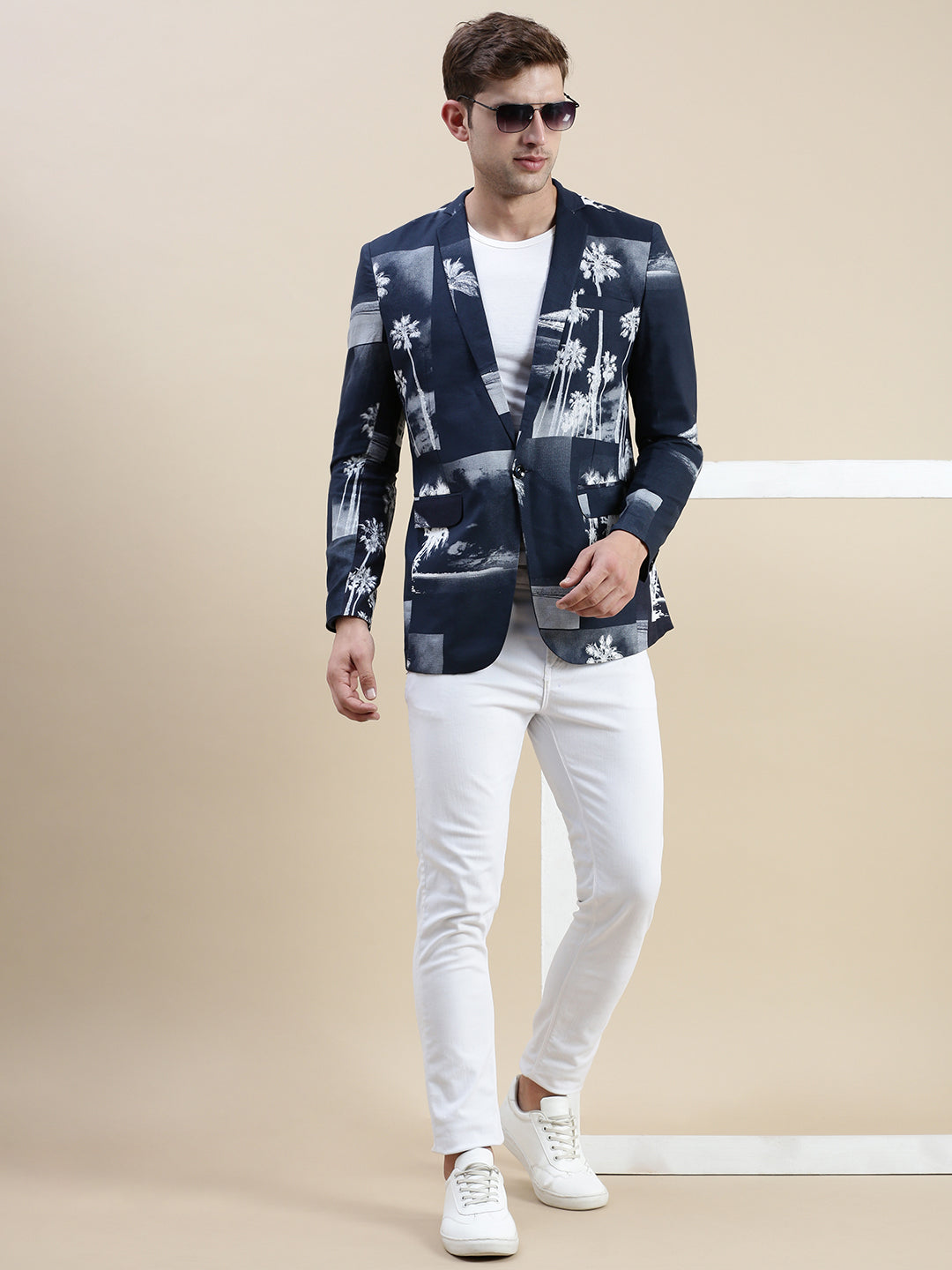 Men Navy Printed Casual Blazer