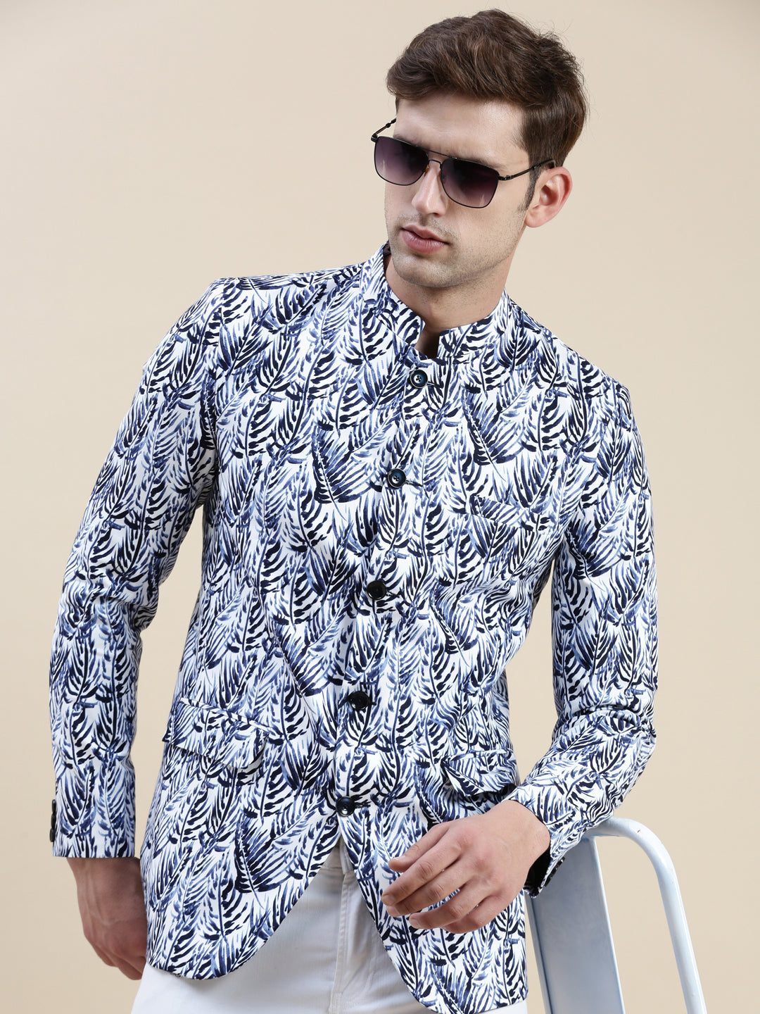 Men White Printed Casual Blazer