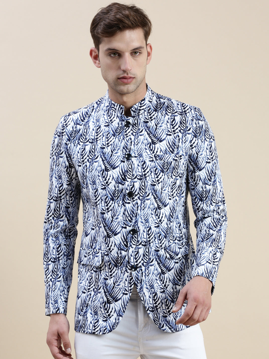 Men White Printed Casual Blazer