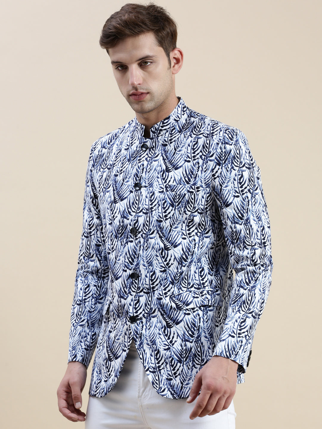 Men White Printed Casual Blazer