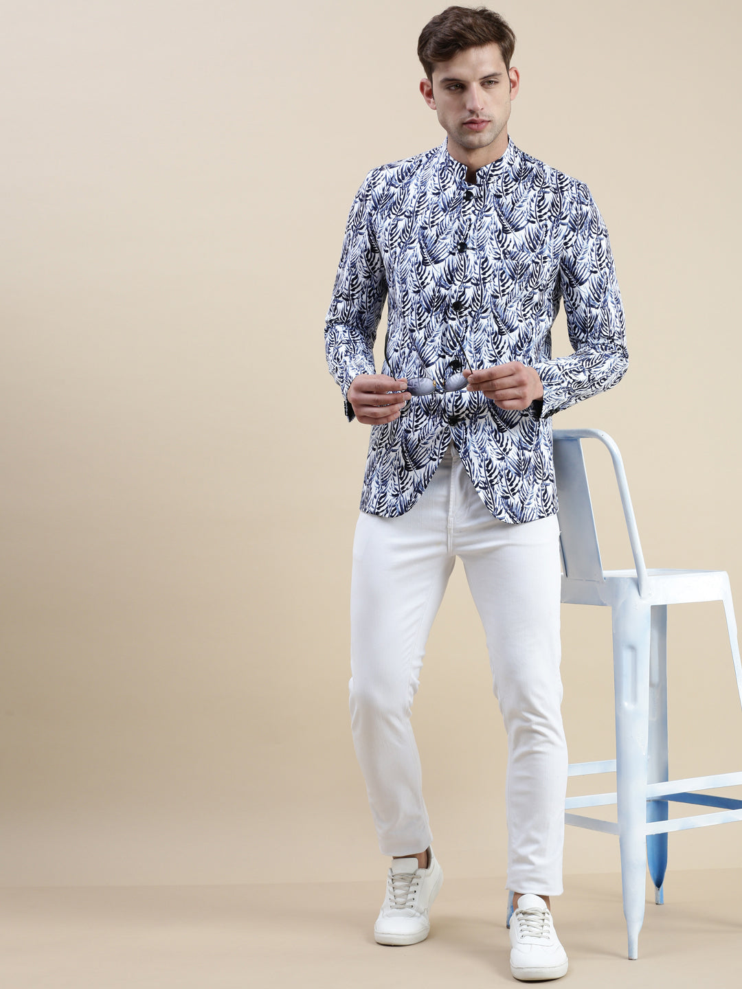 Men White Printed Casual Blazer