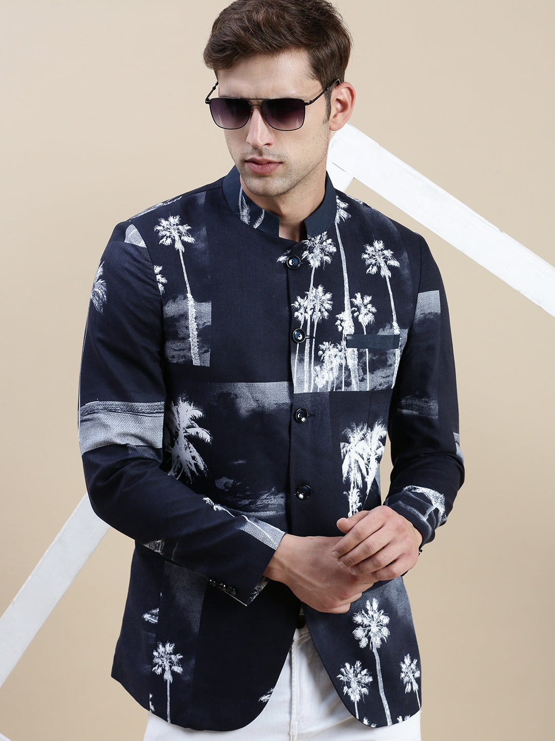 Men Navy Printed Casual Blazer