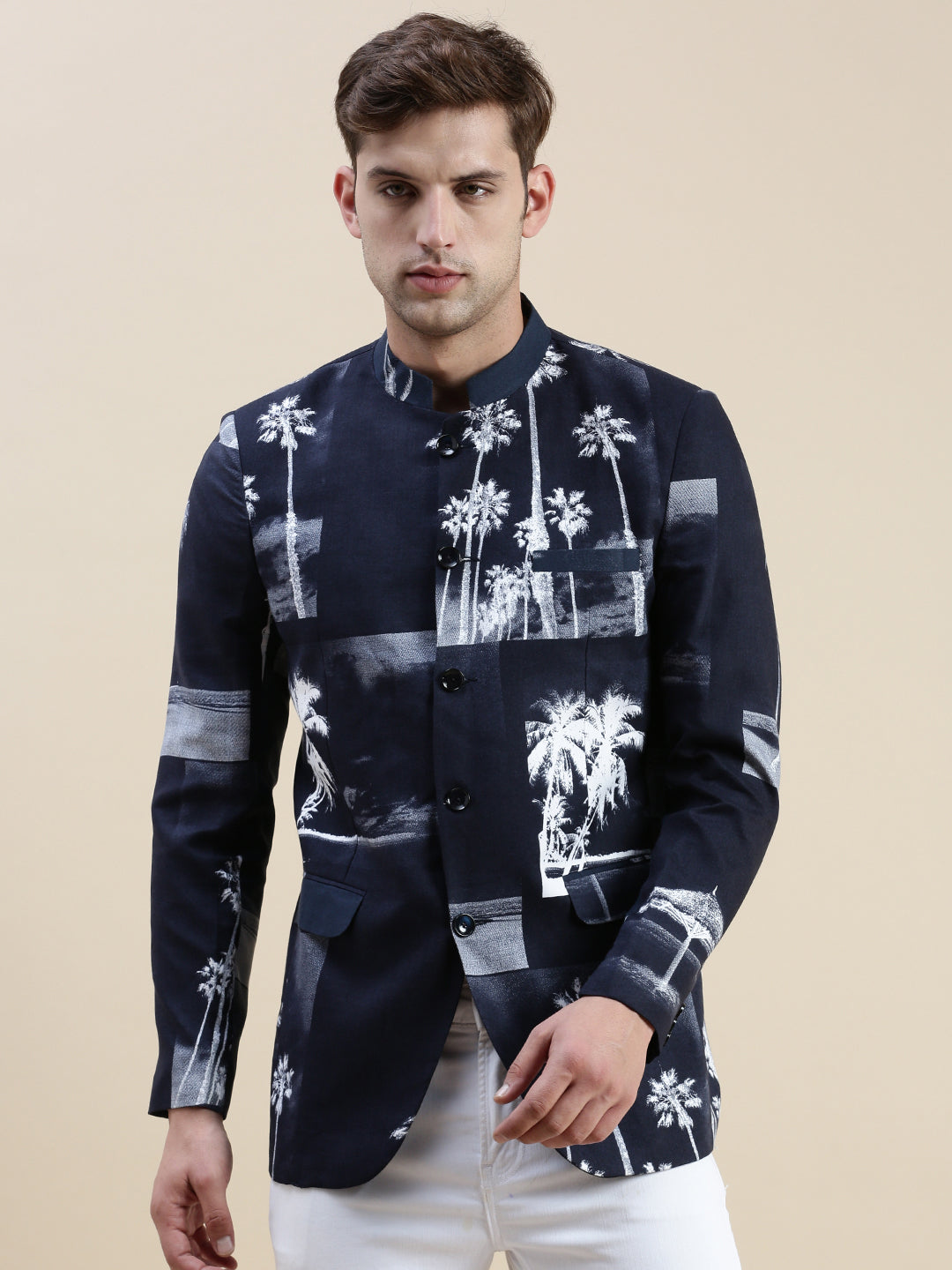 Men Navy Printed Casual Blazer