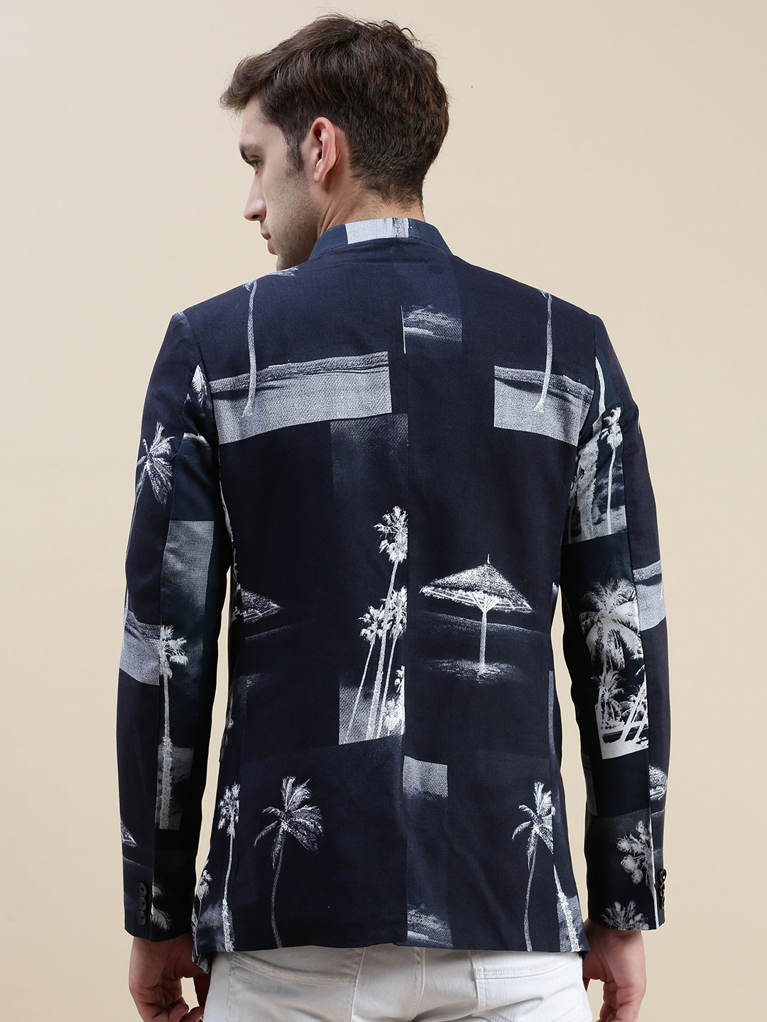 Men Navy Printed Casual Blazer