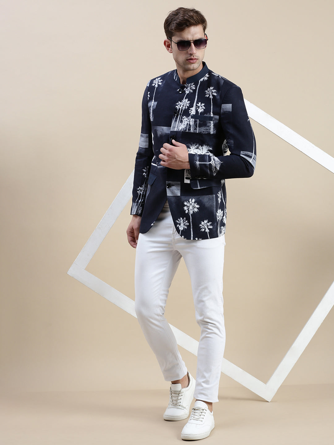 Men Navy Printed Casual Blazer