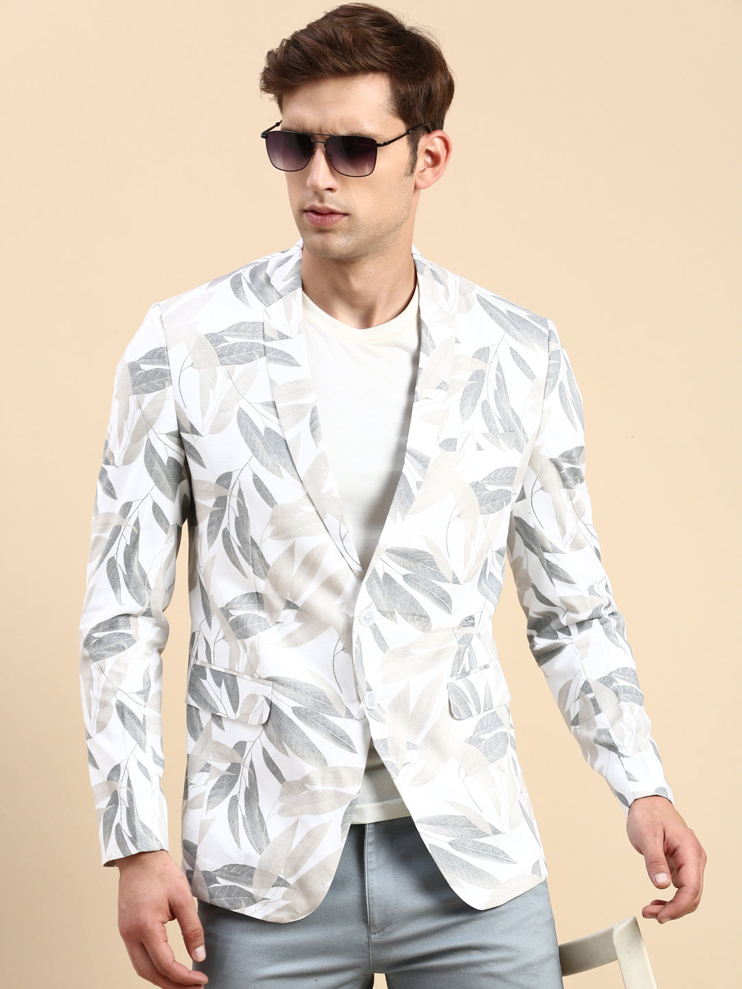 Men White Printed Casual Blazer