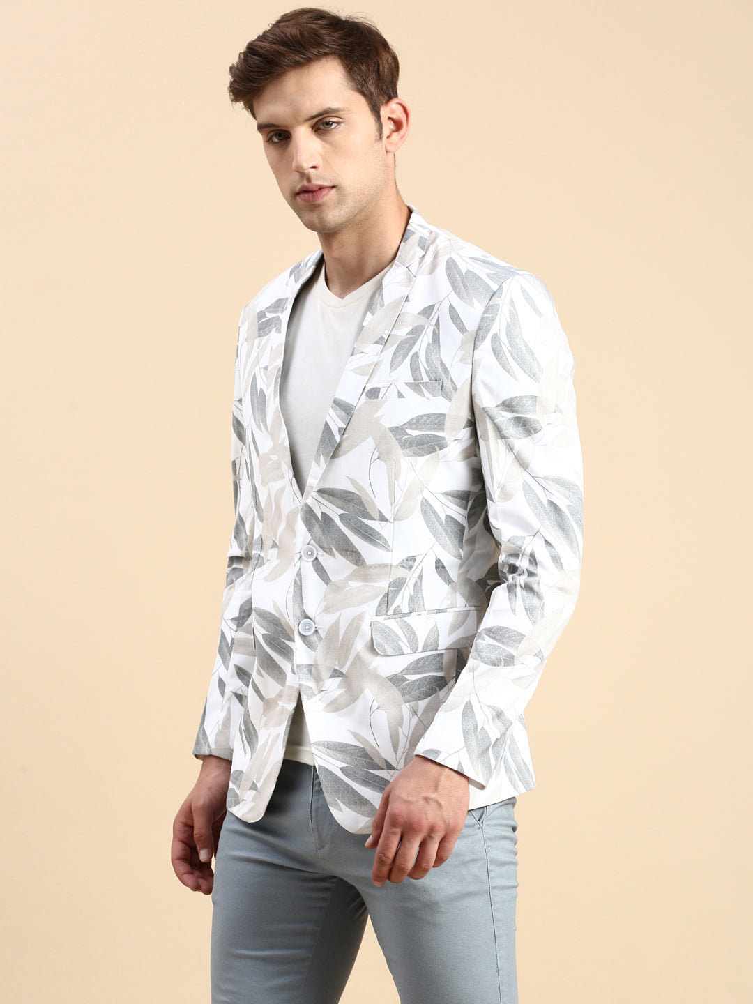 Men White Printed Casual Blazer