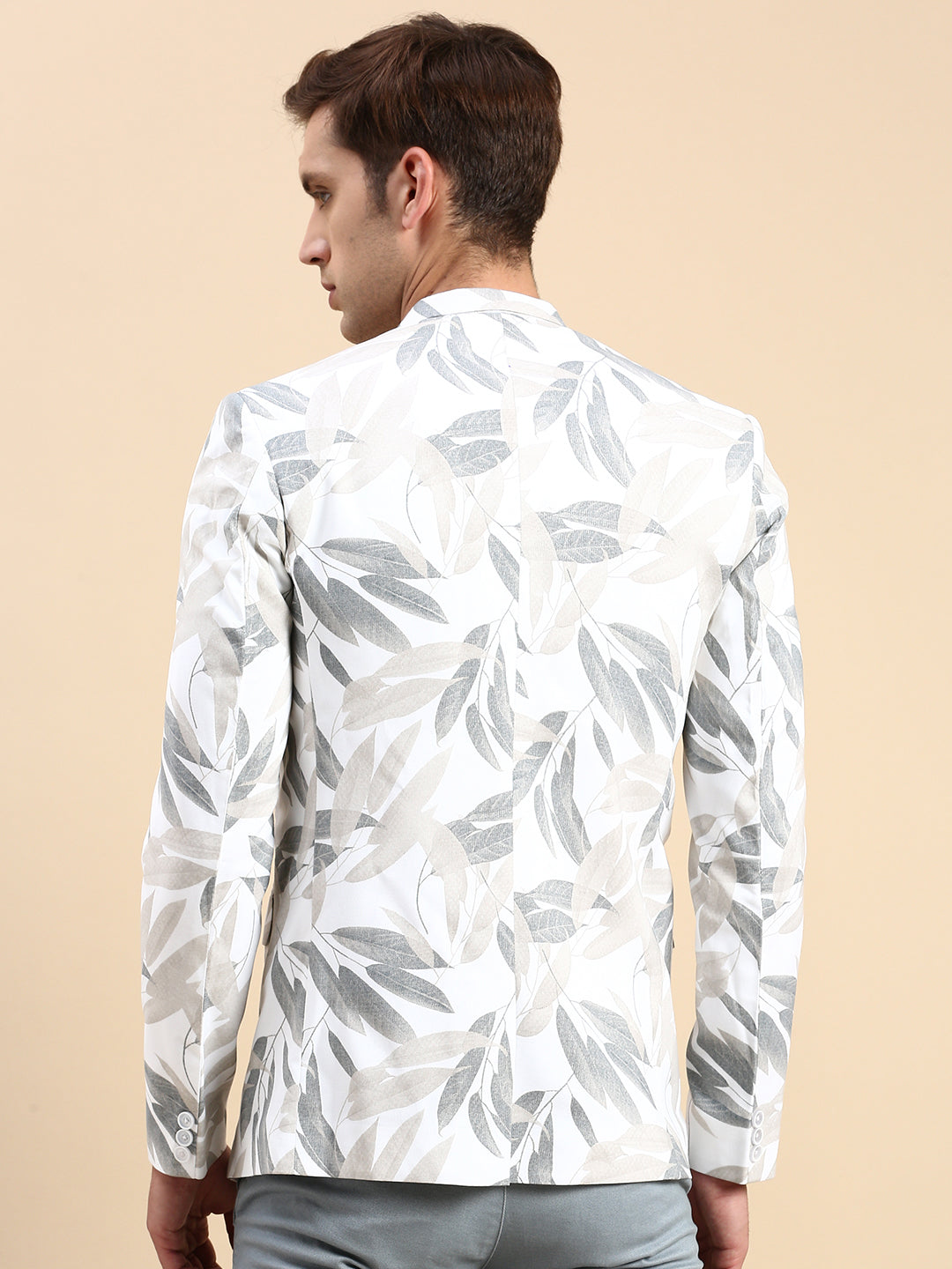 Men White Printed Casual Blazer