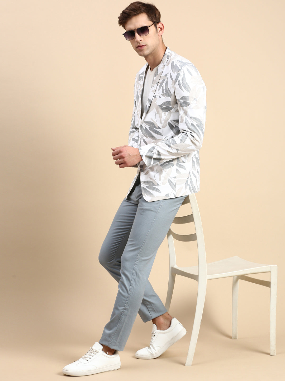 Men White Printed Casual Blazer