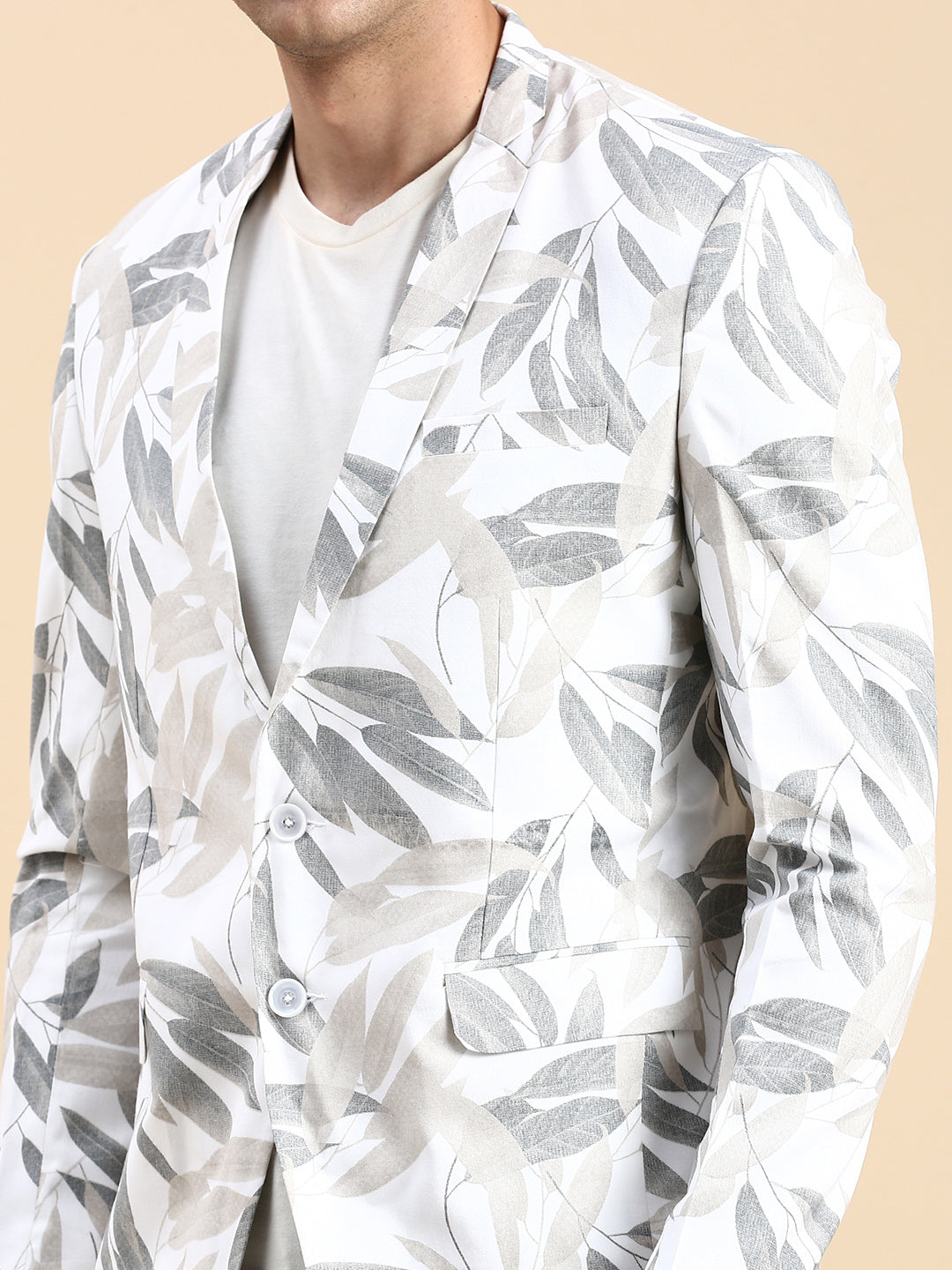 Men White Printed Casual Blazer