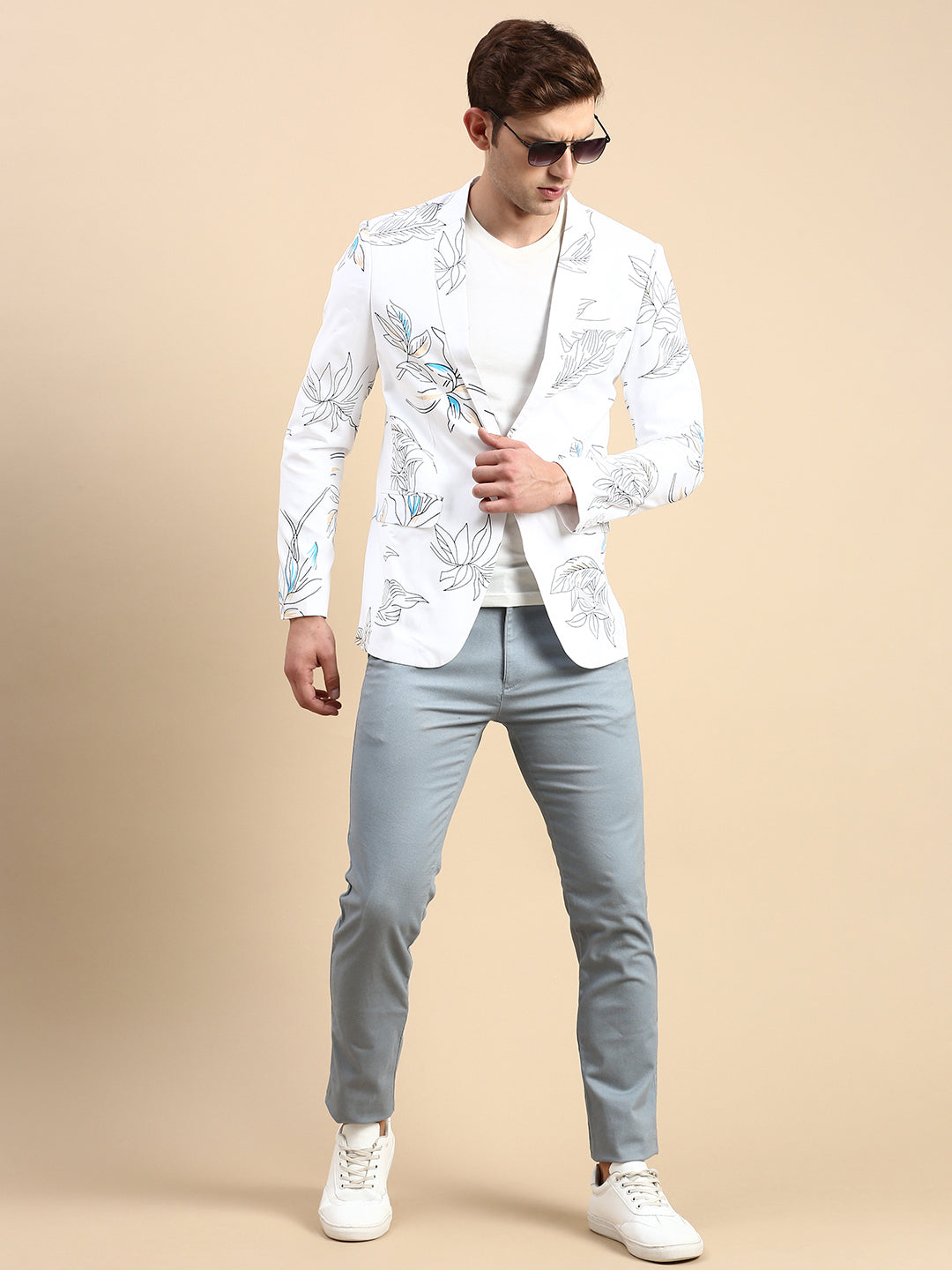 Men White Printed Casual Blazer