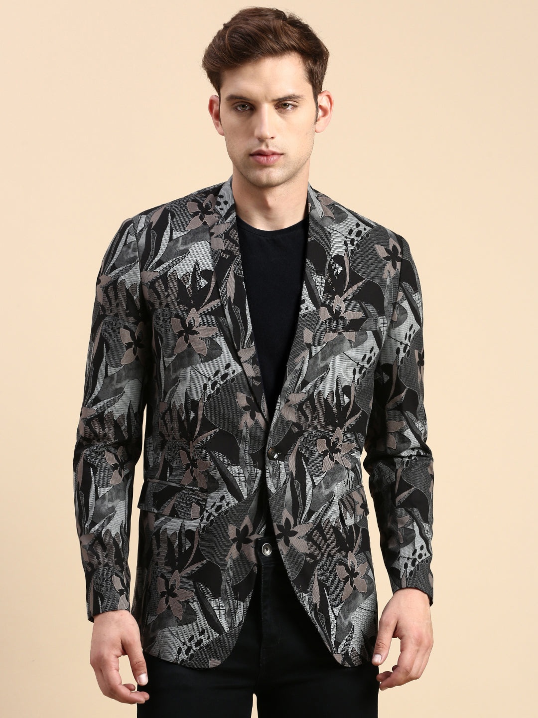 Men Black Printed Casual Blazer