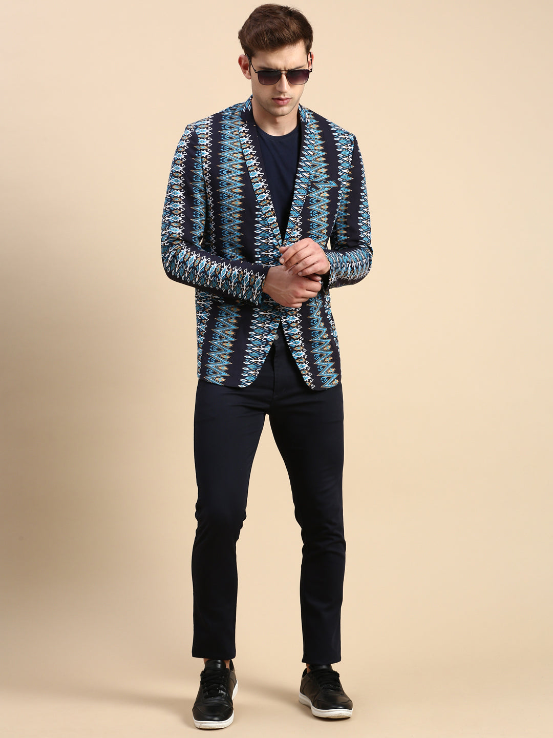 Men Navy Printed Casual Blazer