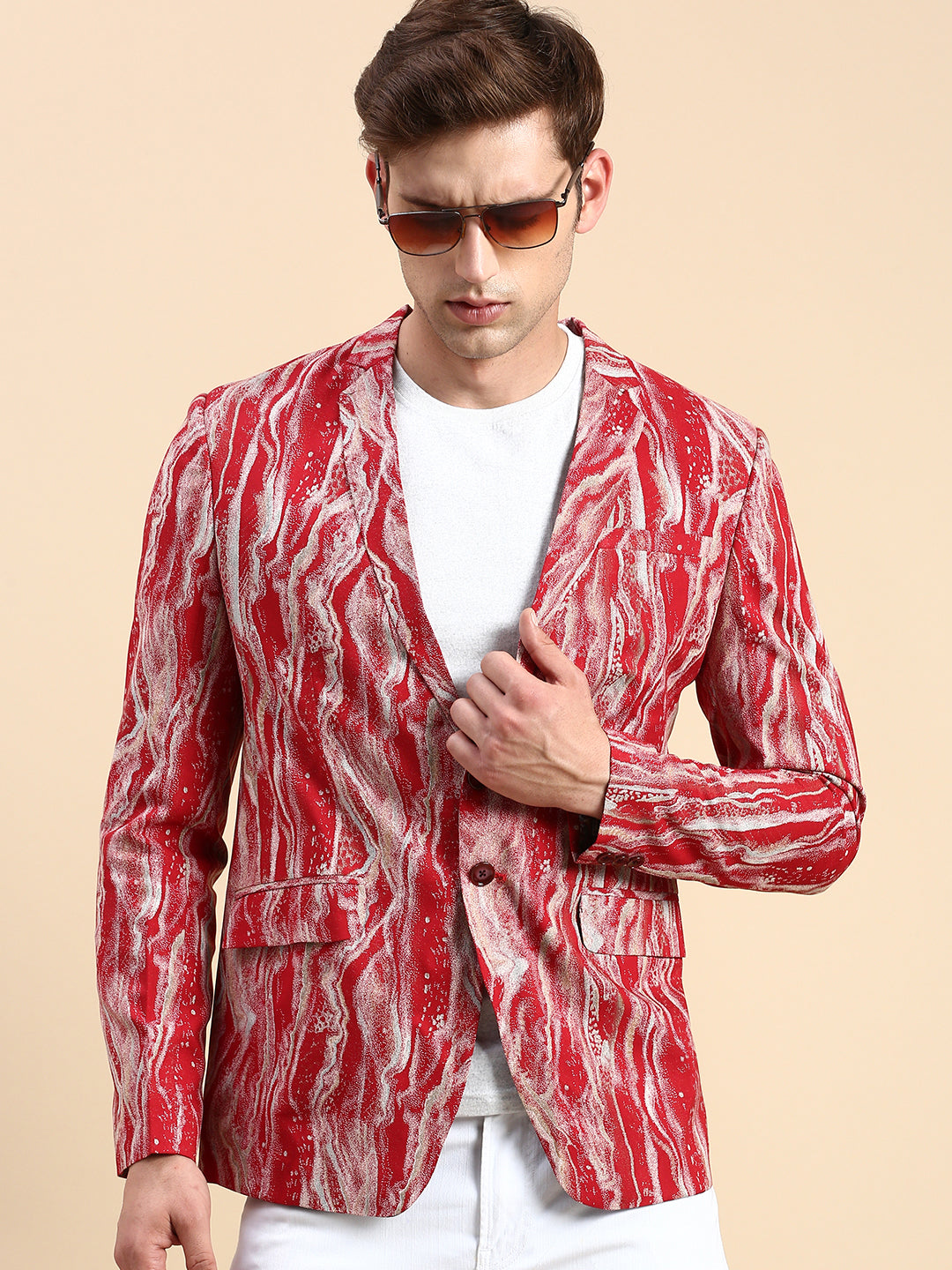 Men Maroon Printed Casual Blazer