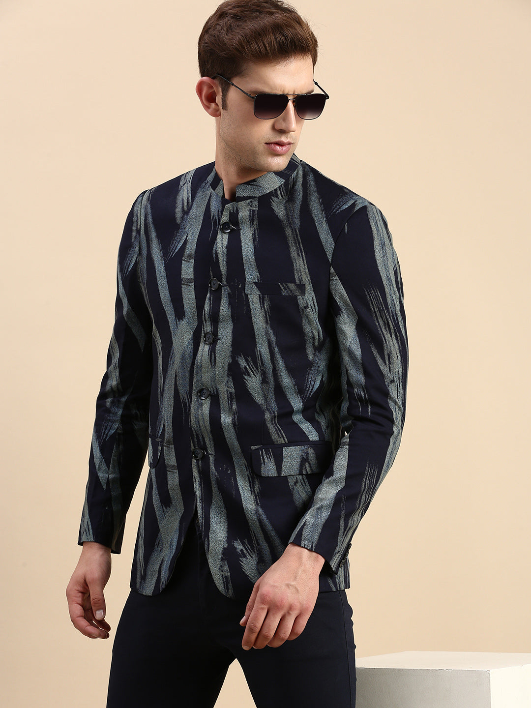 Men Navy Printed Party Blazer