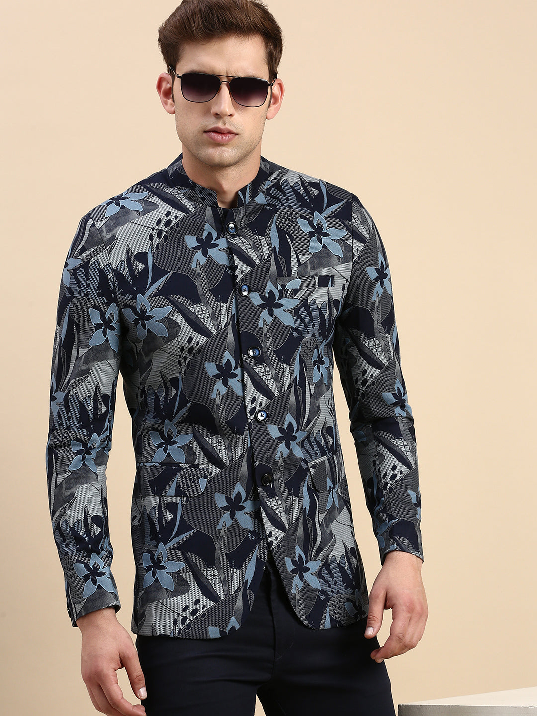 Men Navy Printed Party Blazer