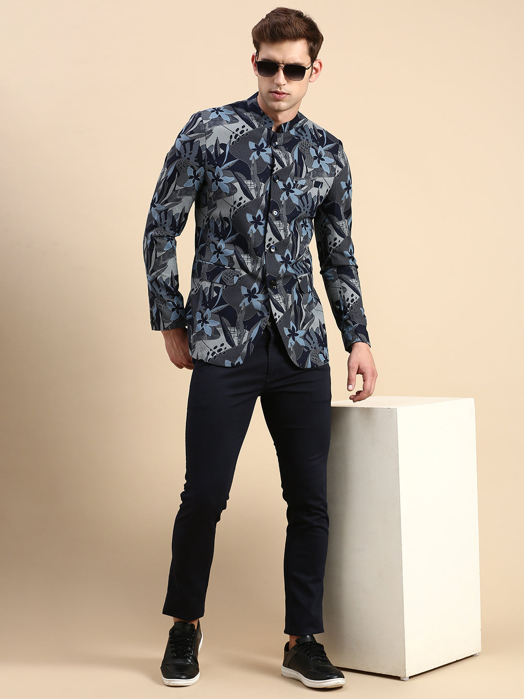 Men Navy Printed Party Blazer