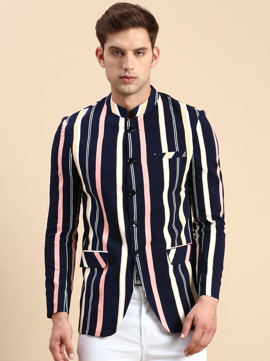 Men Navy Striped Party Blazer