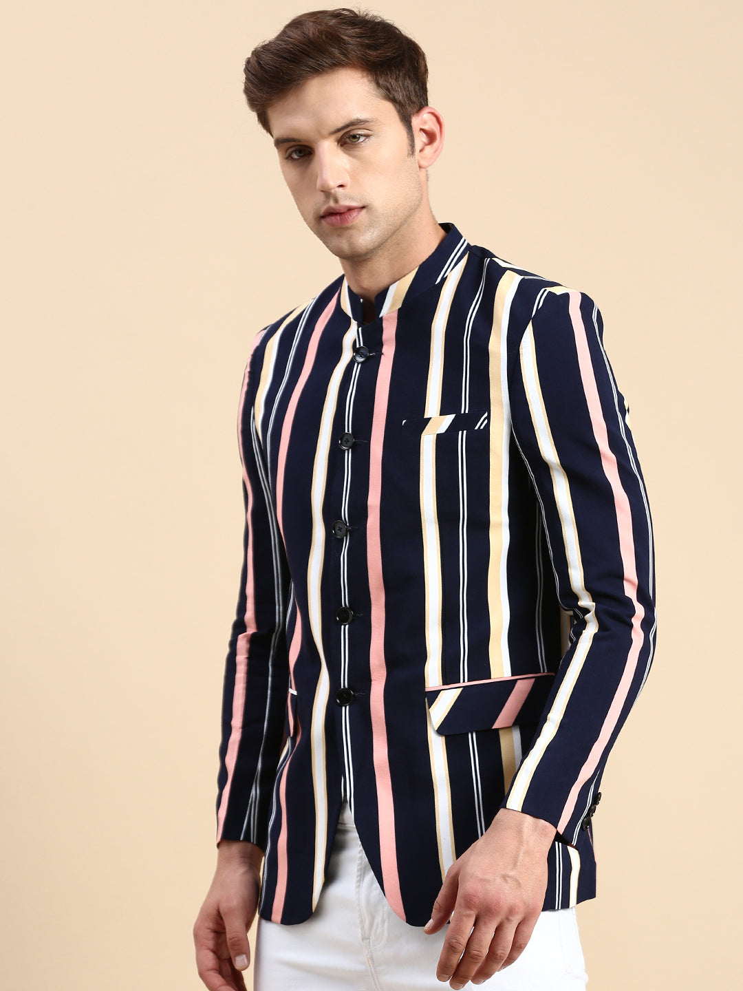 Men Navy Striped Party Blazer