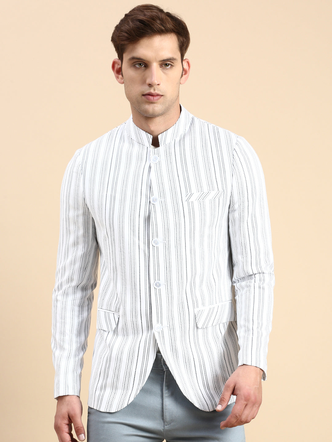 Men White Striped Party Blazer