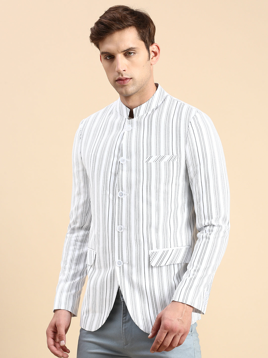 Men White Striped Party Blazer