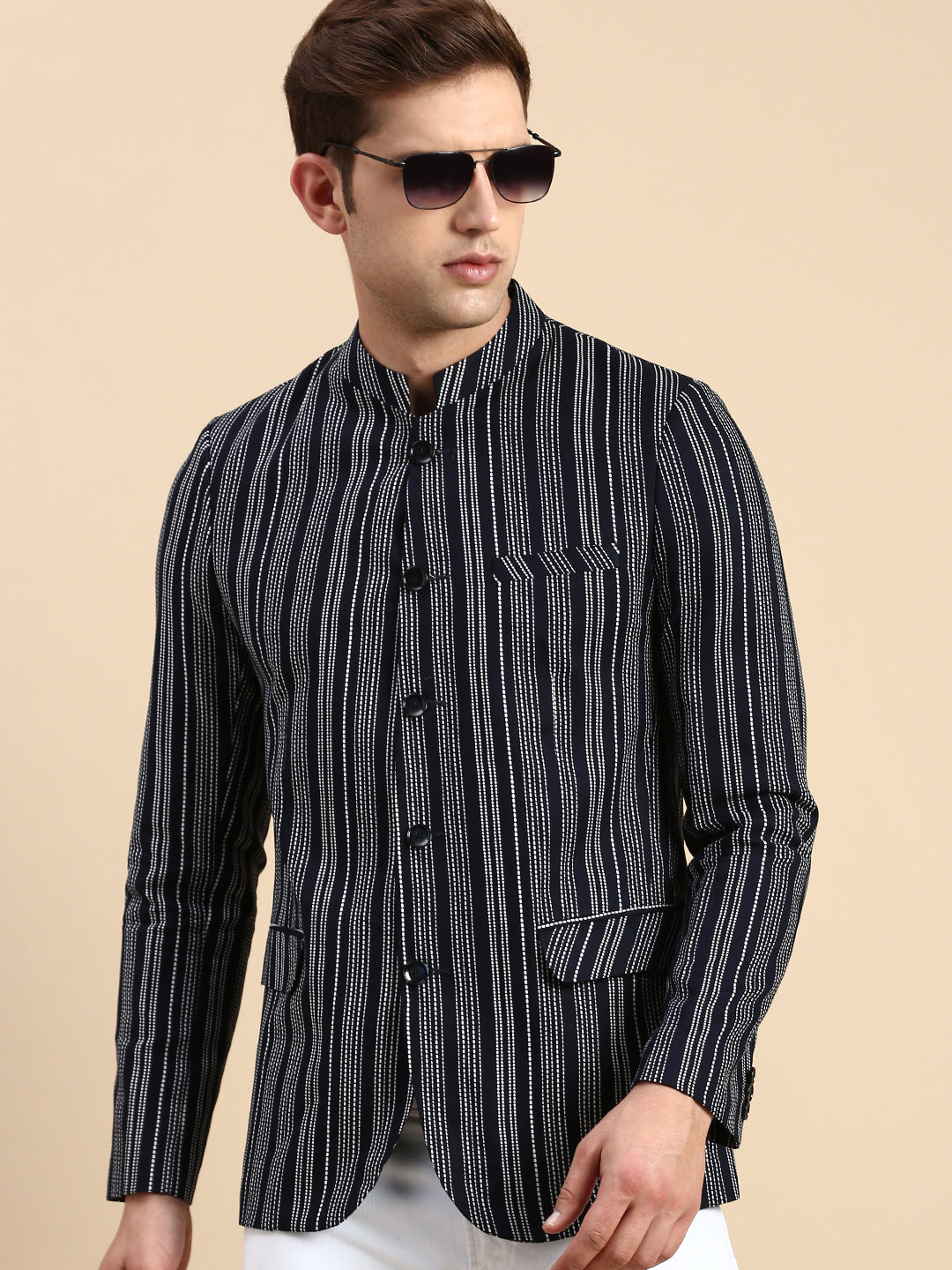 Men Navy Striped Party Blazer