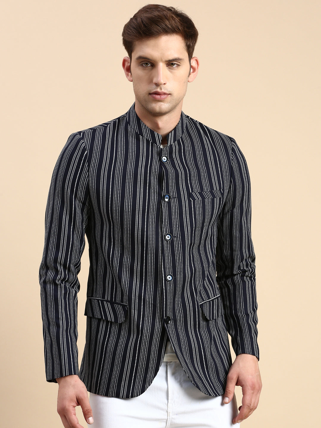 Men Navy Striped Party Blazer