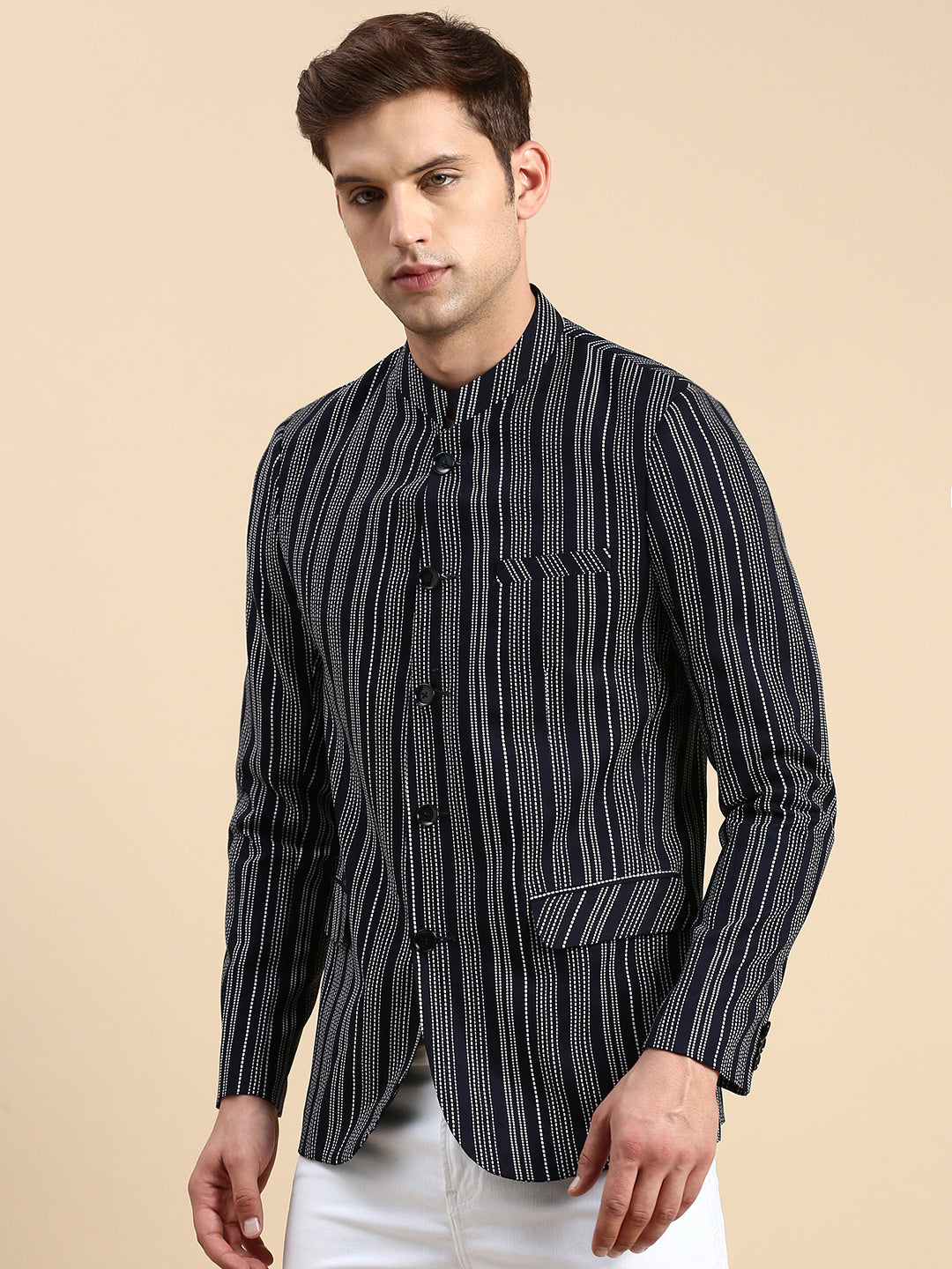 Men Navy Striped Party Blazer