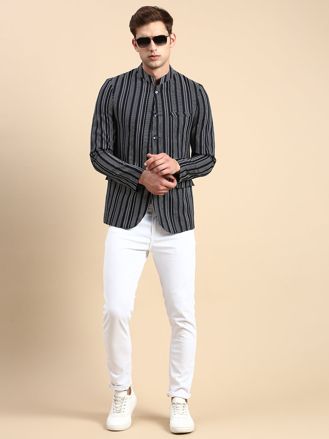 Men Navy Striped Party Blazer