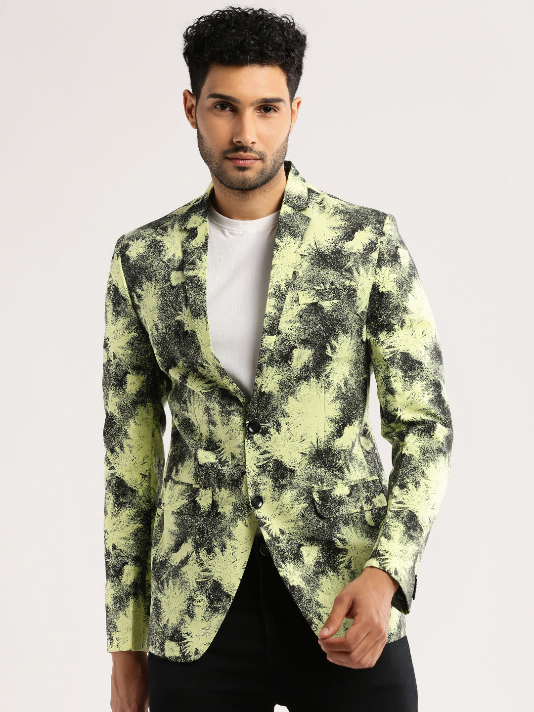 Men Yellow Printed Notched Lapel Blazer