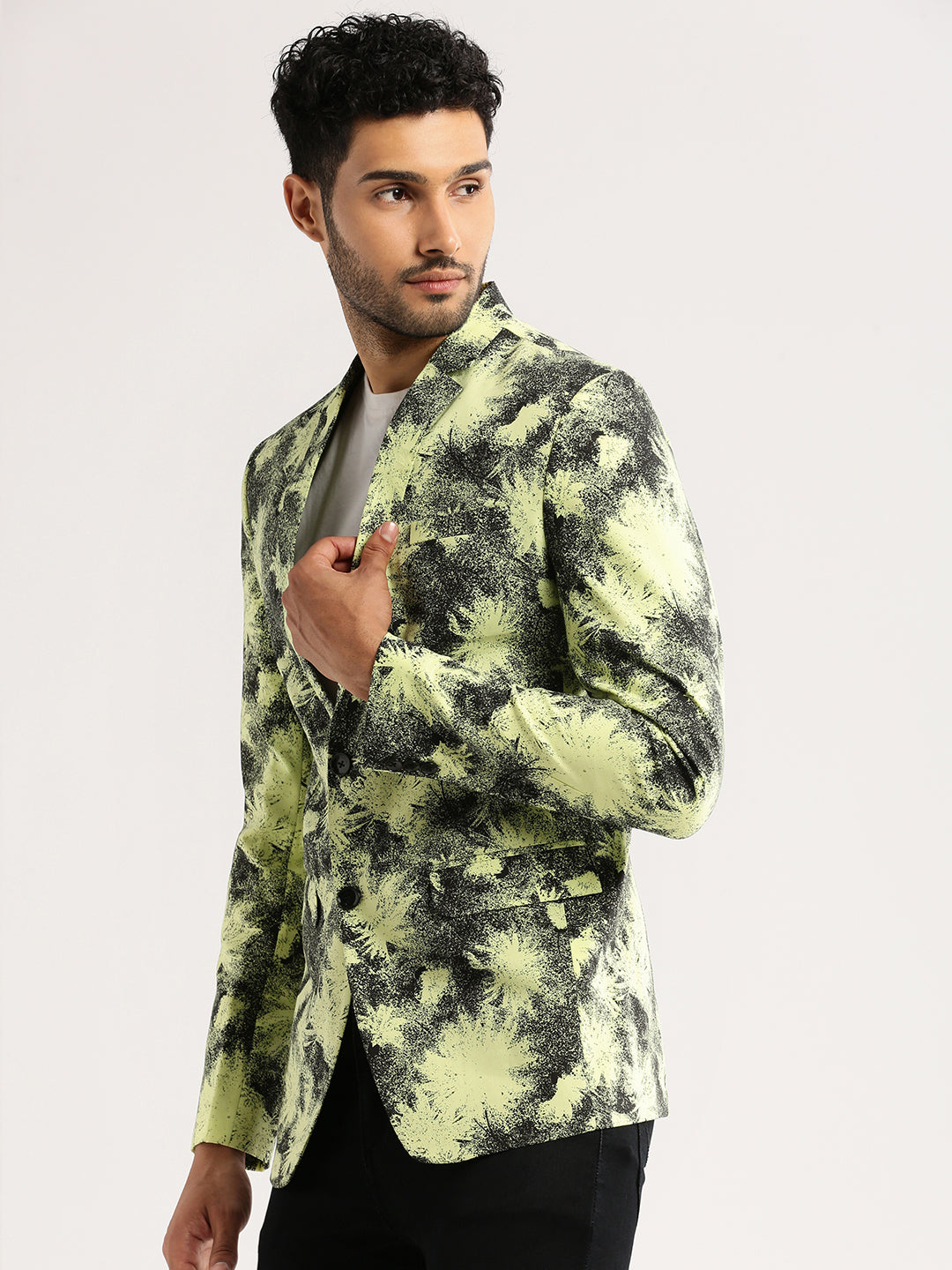 Men Yellow Printed Notched Lapel Blazer