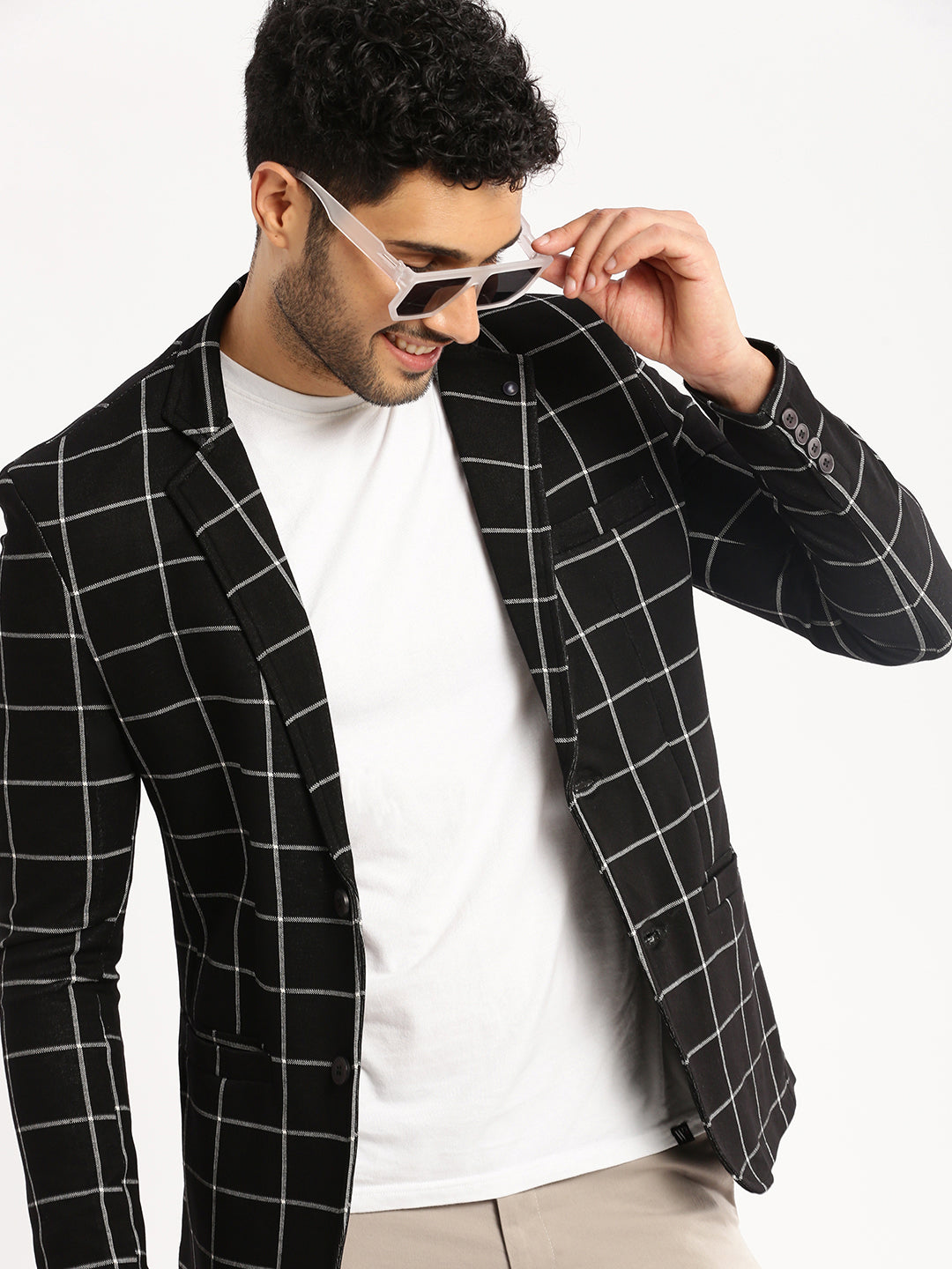 Men Black Checked Notched Lapel Blazer