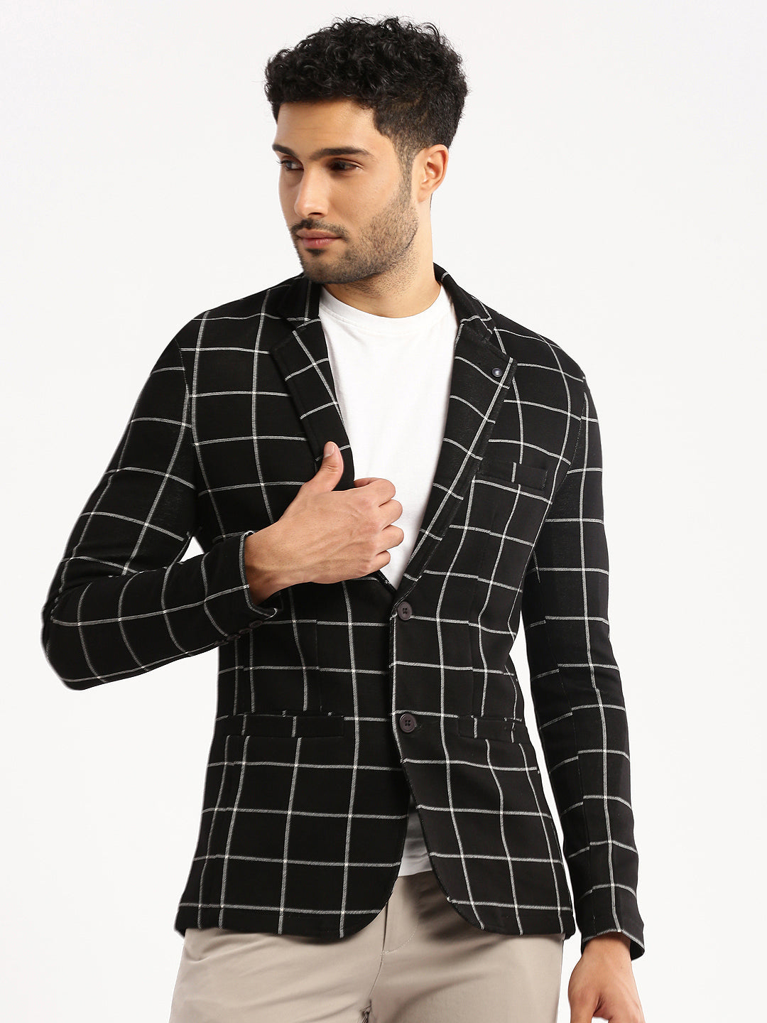 Men Black Checked Notched Lapel Blazer