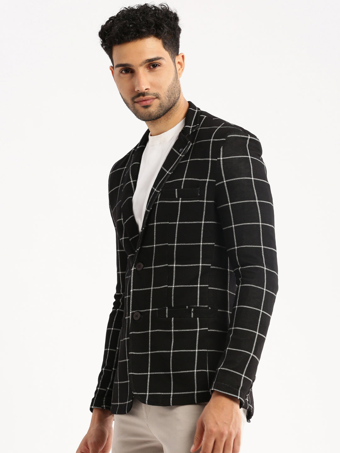 Men Black Checked Notched Lapel Blazer