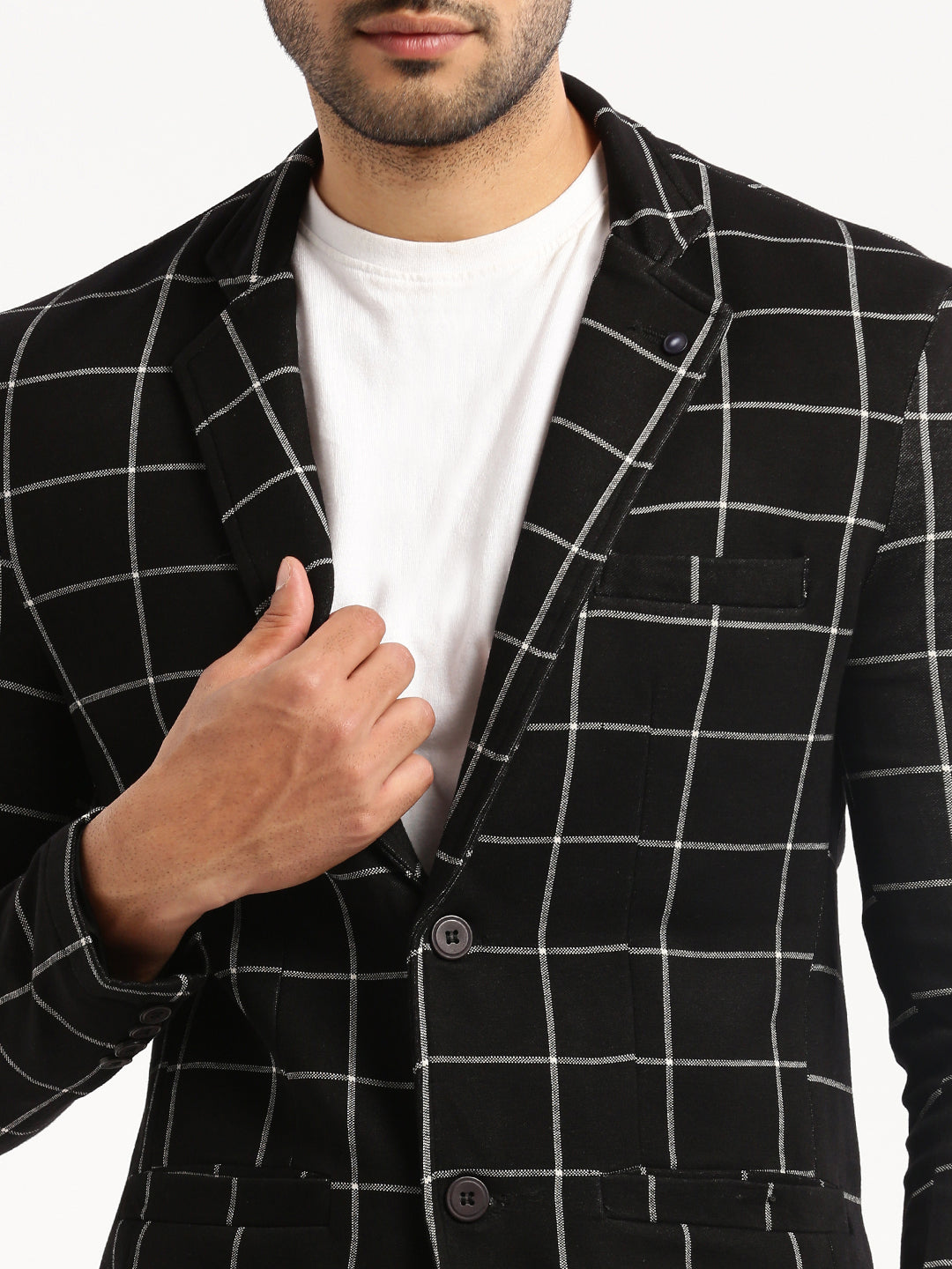 Men Black Checked Notched Lapel Blazer