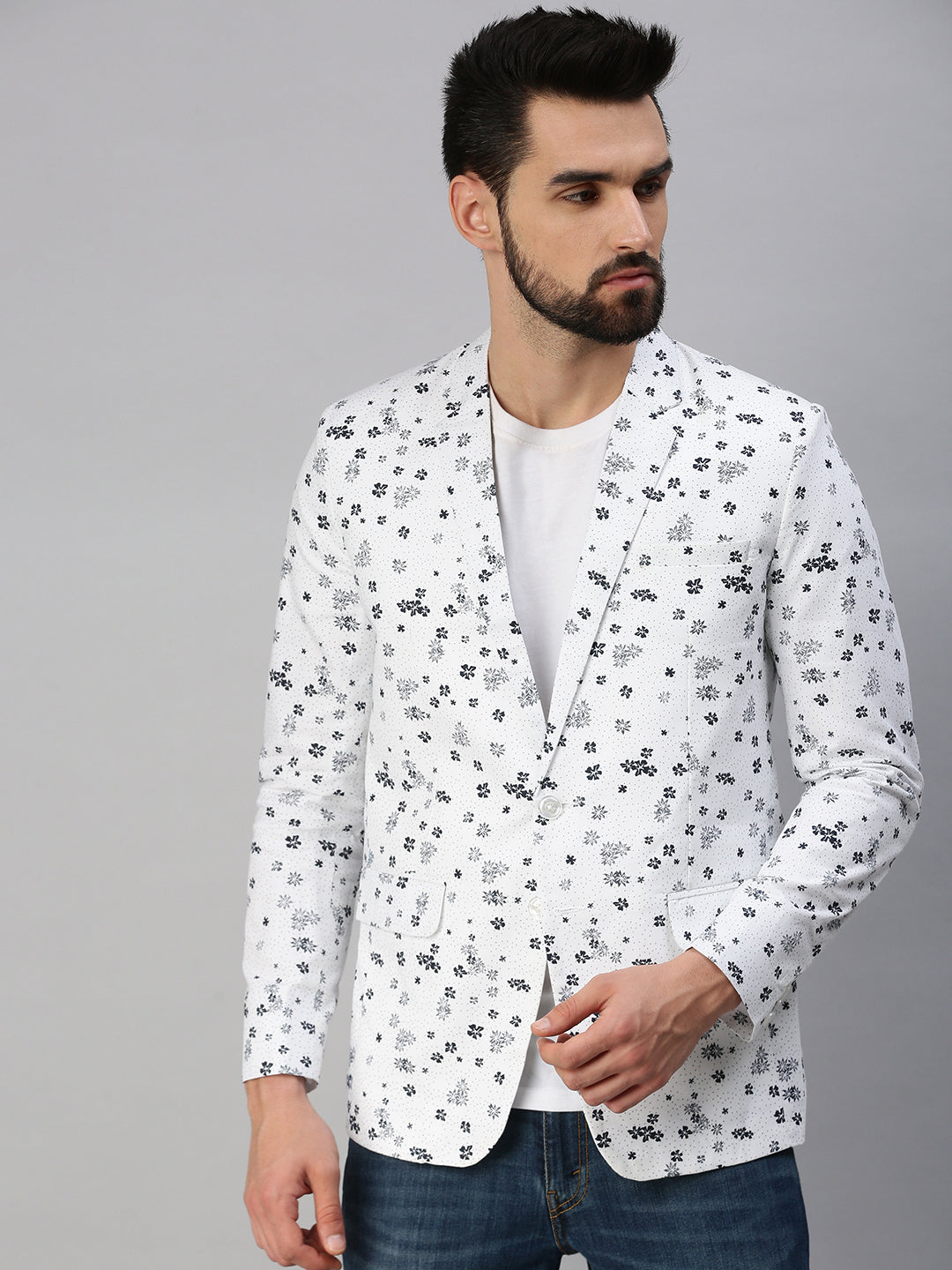 Men White Printed Party Blazers