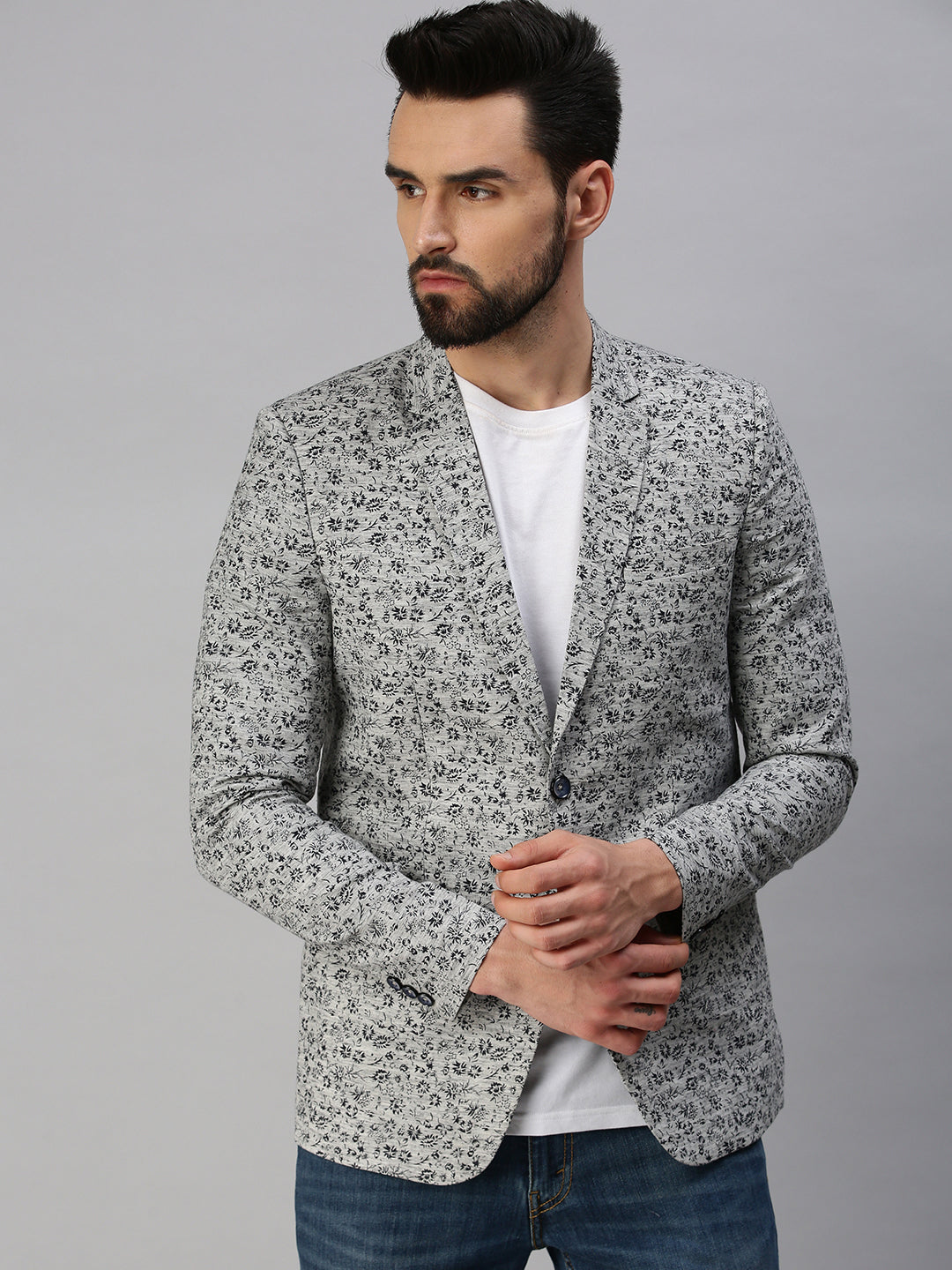 Men Grey Printed Party Blazers