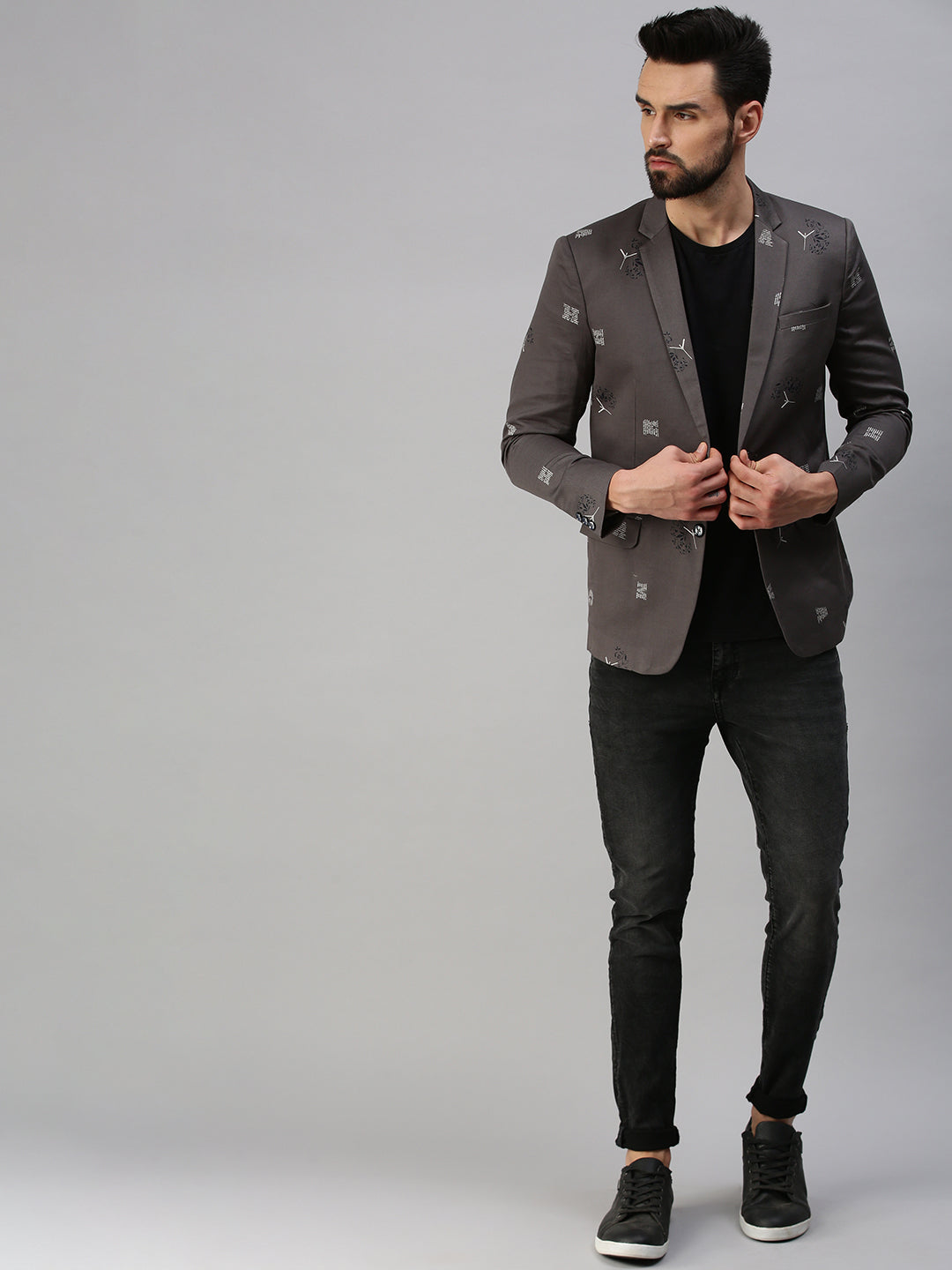 Men Grey Printed Party Blazers