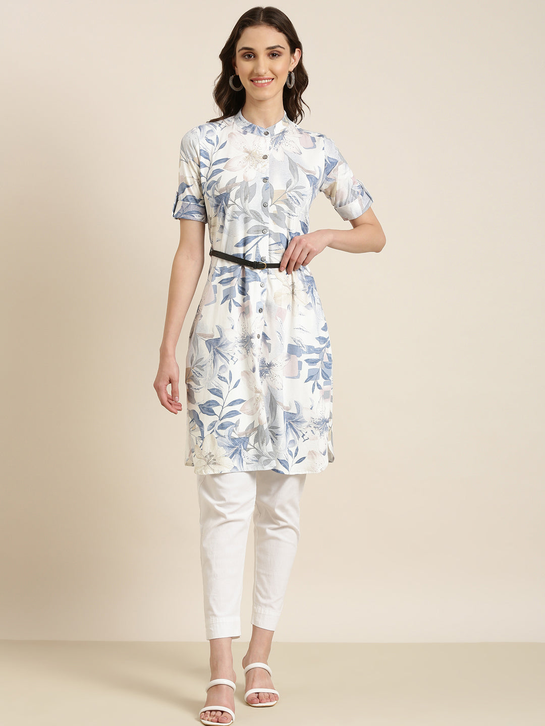 Women White Floral A-Line Kurta