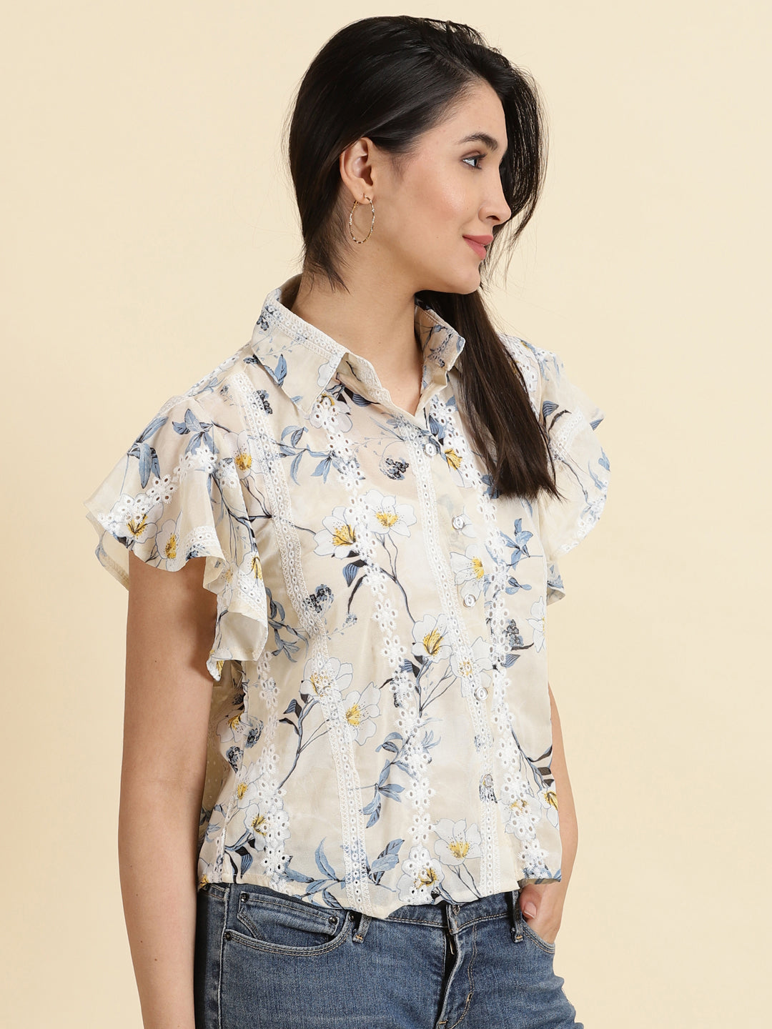 Women's Cream Printed Shirt Style Top