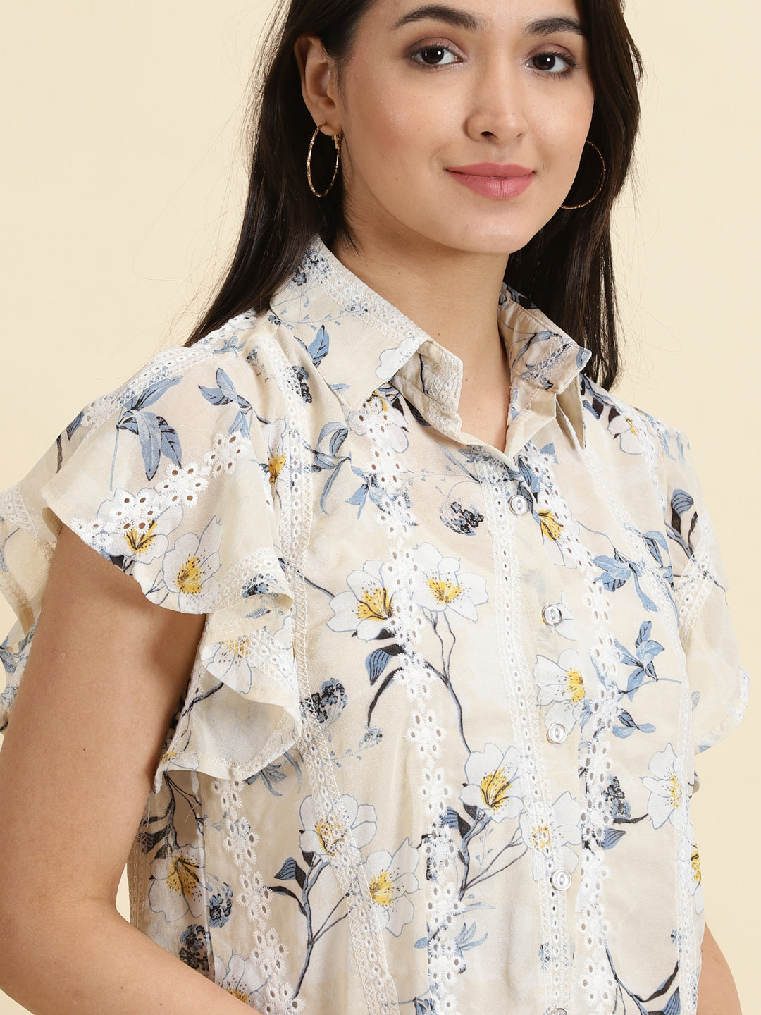 Women's Cream Printed Shirt Style Top