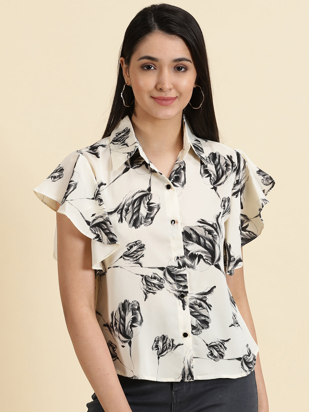 Women's Cream Printed Shirt Style Top